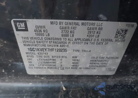 2017 Chevrolet Silverado 2500Hd Lt z USA, uszkodzony, nr VIN 1GC1KVEY7HF120235